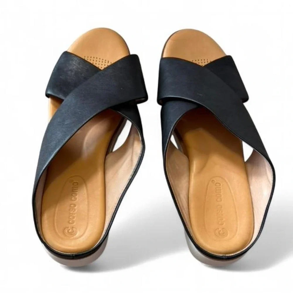 Corso Como Bruna‎ Black Leather Criss Strap Platform Wedge Sandals, Women's 8.5